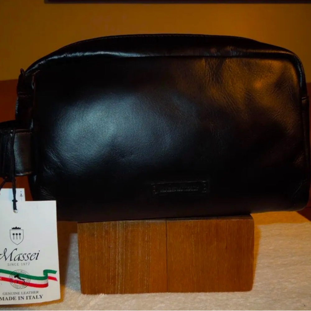 NWT - Massei Black Leather Zip Toiletry Bag - NEW